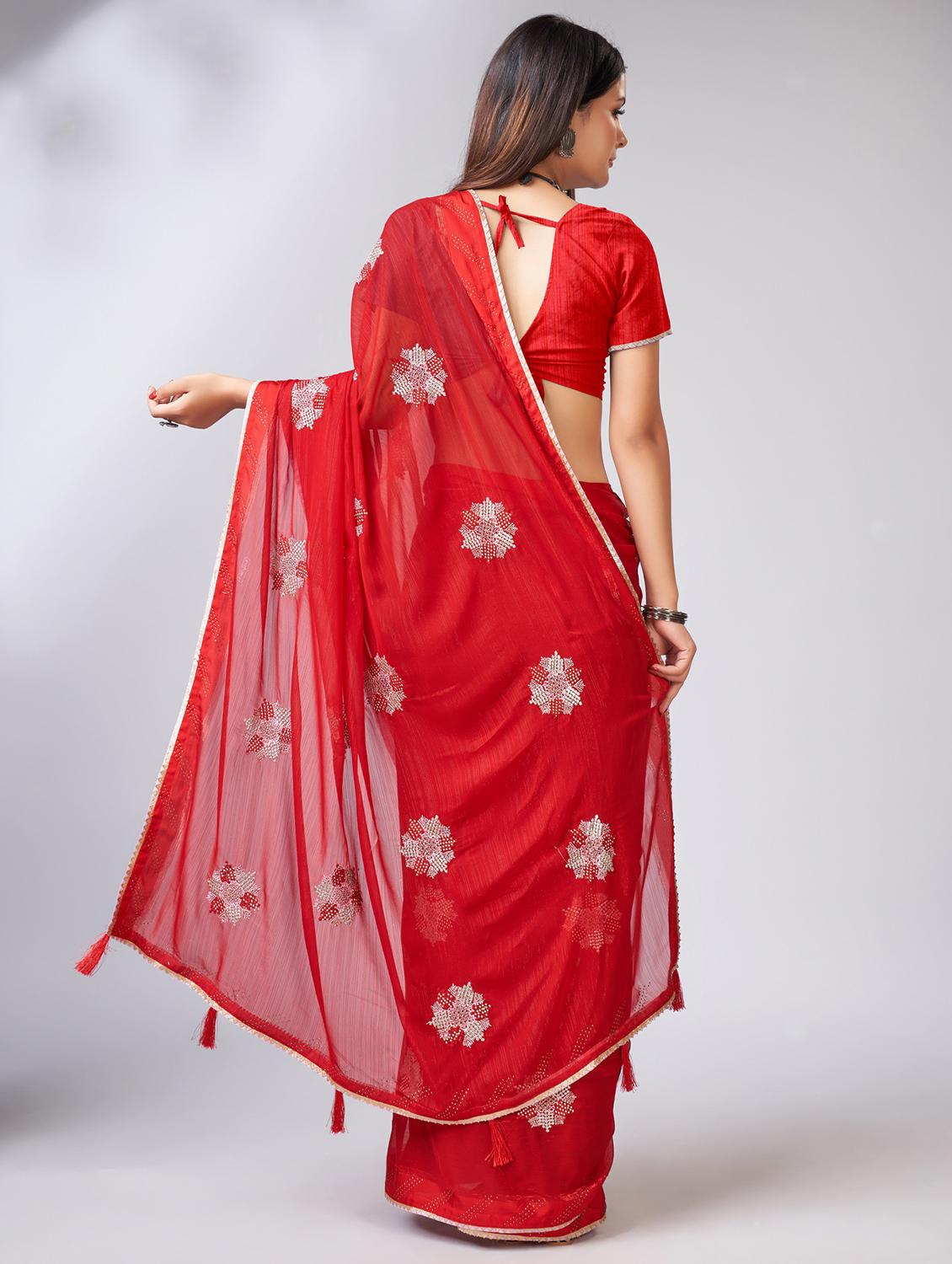 red solid with work saree - 20433959 - Standard Image - 2