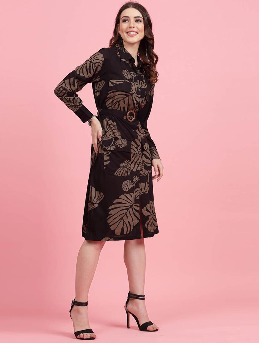 coffee brown tropical print shirt dress - 20436082 - Standard Image - 2
