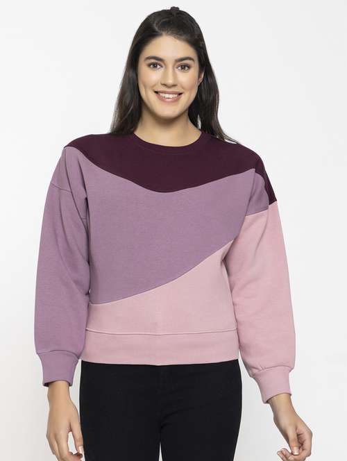 purple color blocked round neck sweatshirt - 20436411 -  Standard Image - 0