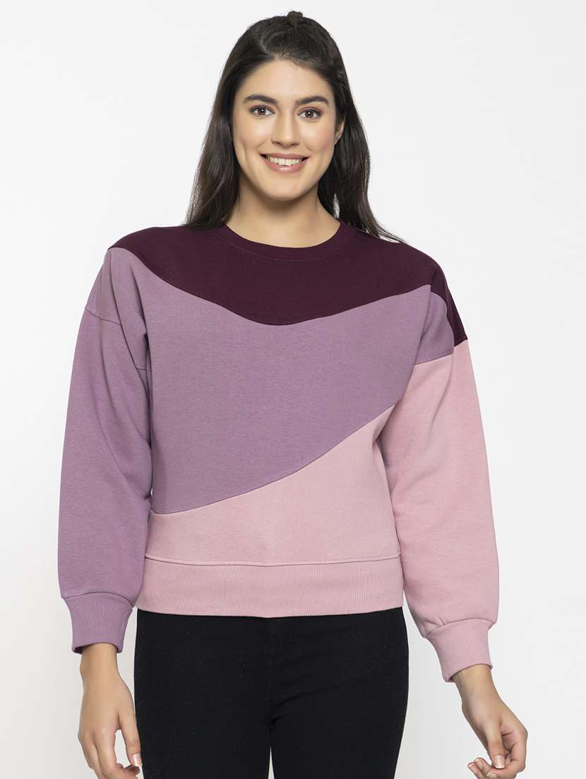 purple color blocked round neck sweatshirt