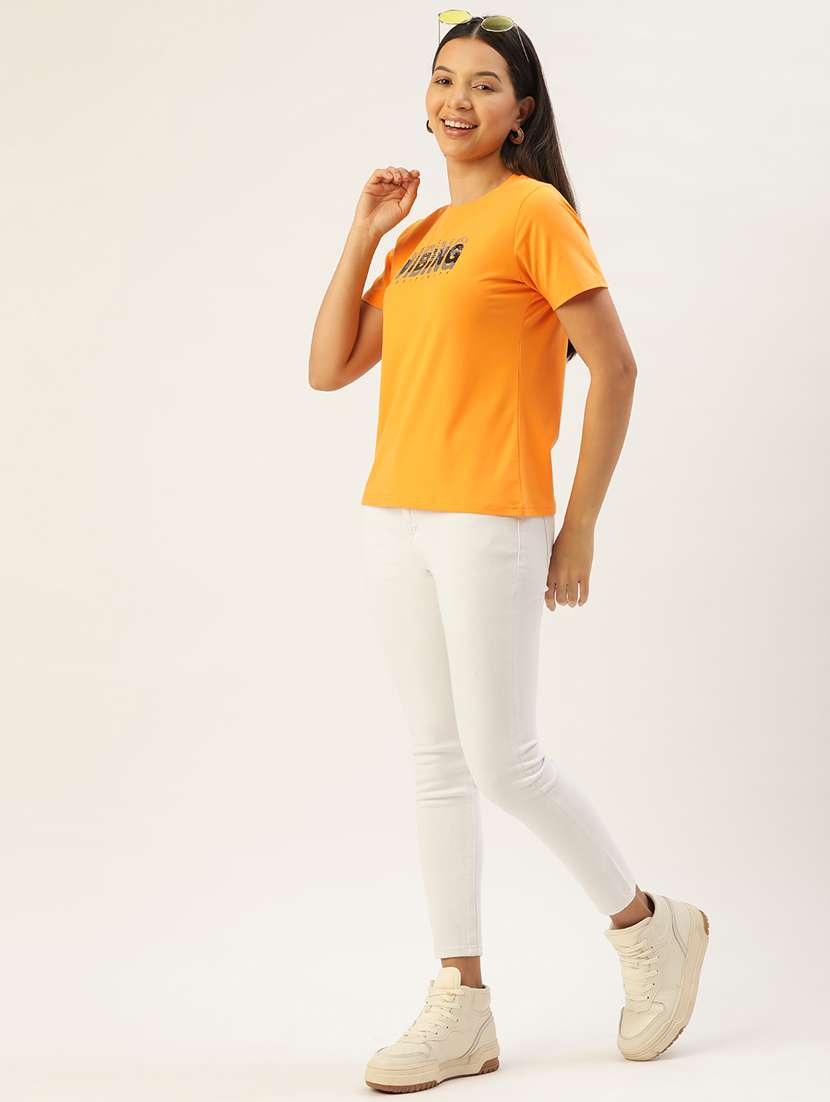 women's chest print round neck t-shirt - 20436452 - Standard Image - 2