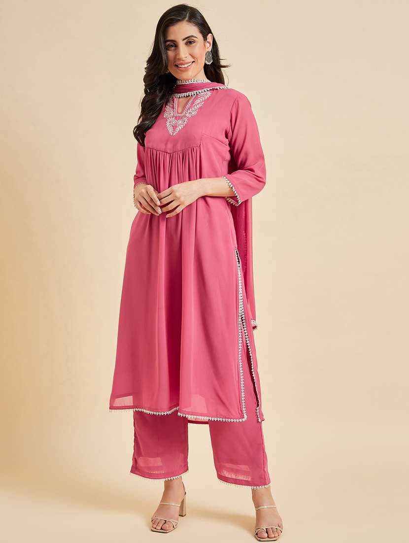 women pink embroidered kurta palazzo with dupatta set