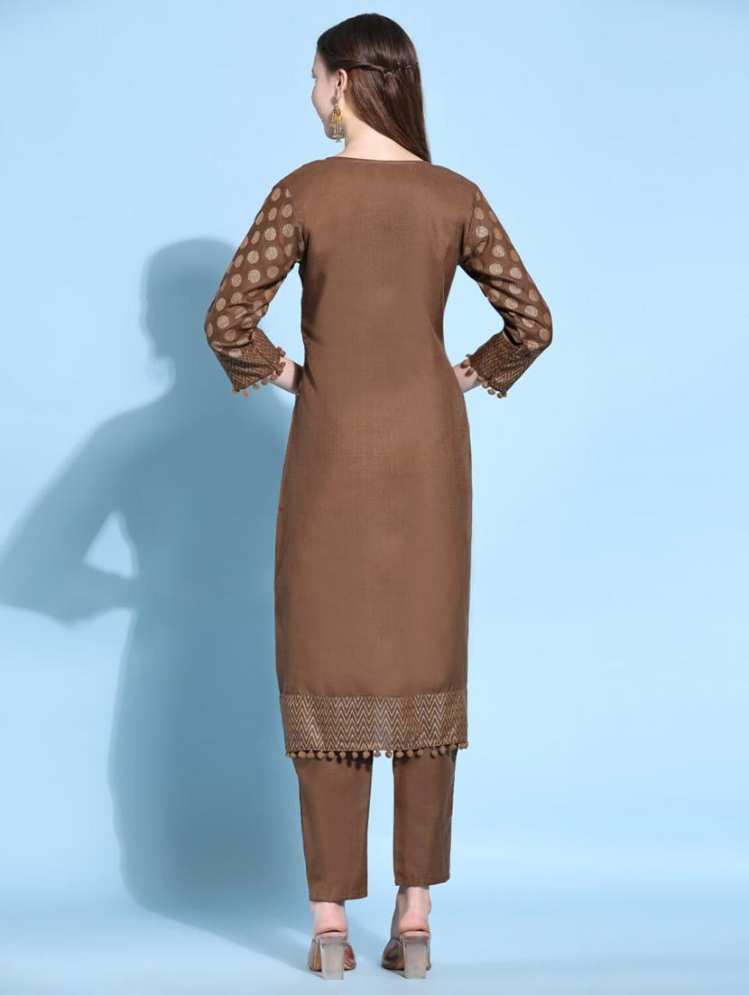 women brown round neck kurta pant set - 20444197 - Standard Image - 2