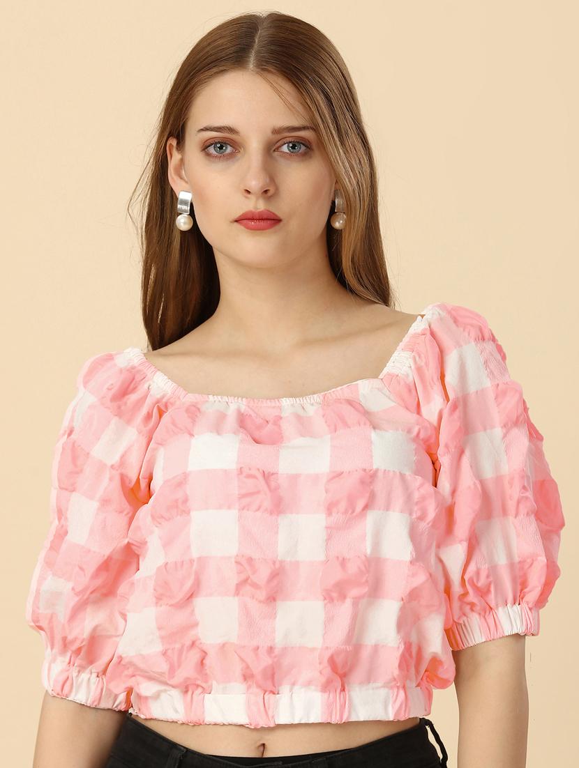 peach & white checkered crop top - 20444215 - Standard Image - 2