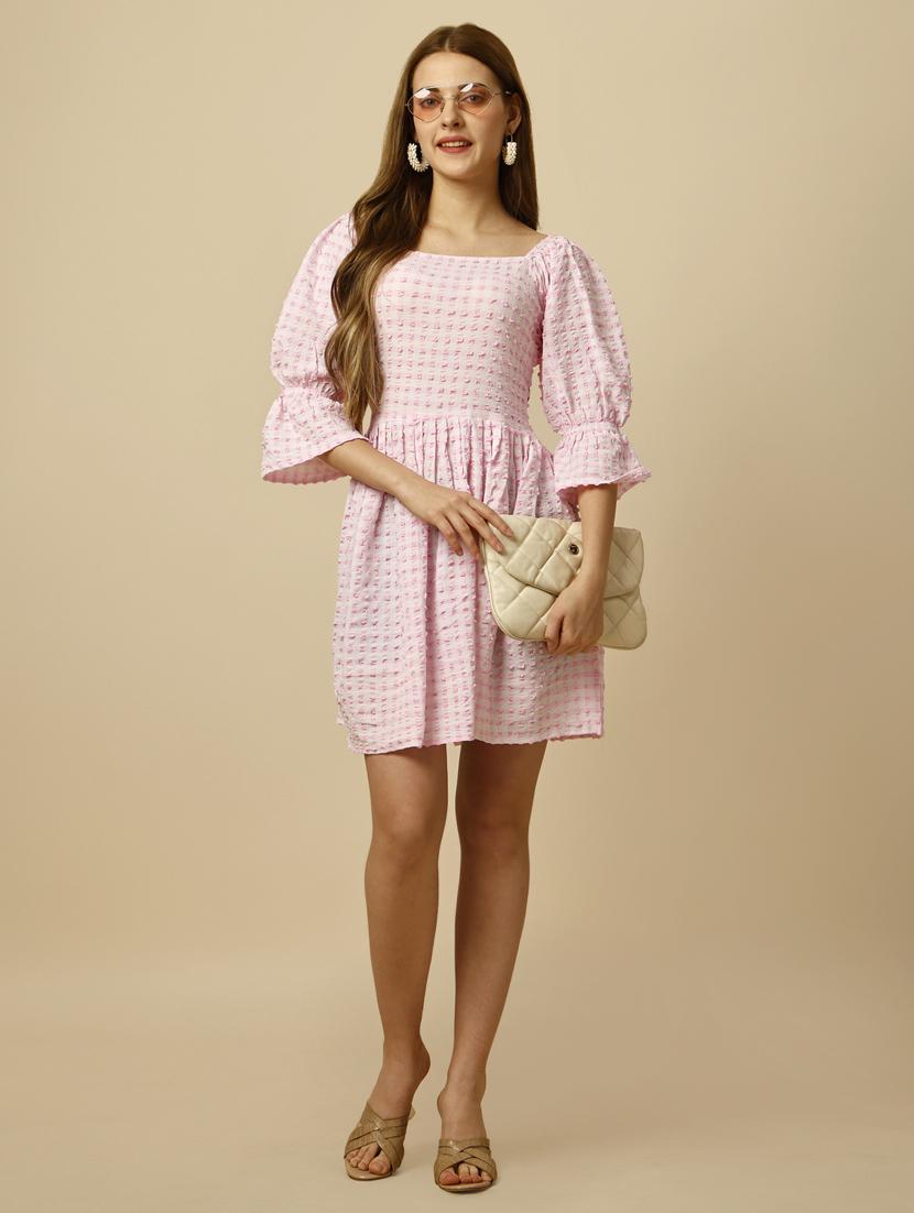 pink checks fit & flare dress - 20444254 - Standard Image - 2