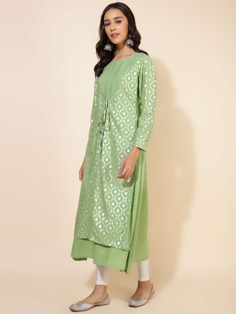 green foil printed layered kurta - 20445414 -  Standard Image - 2