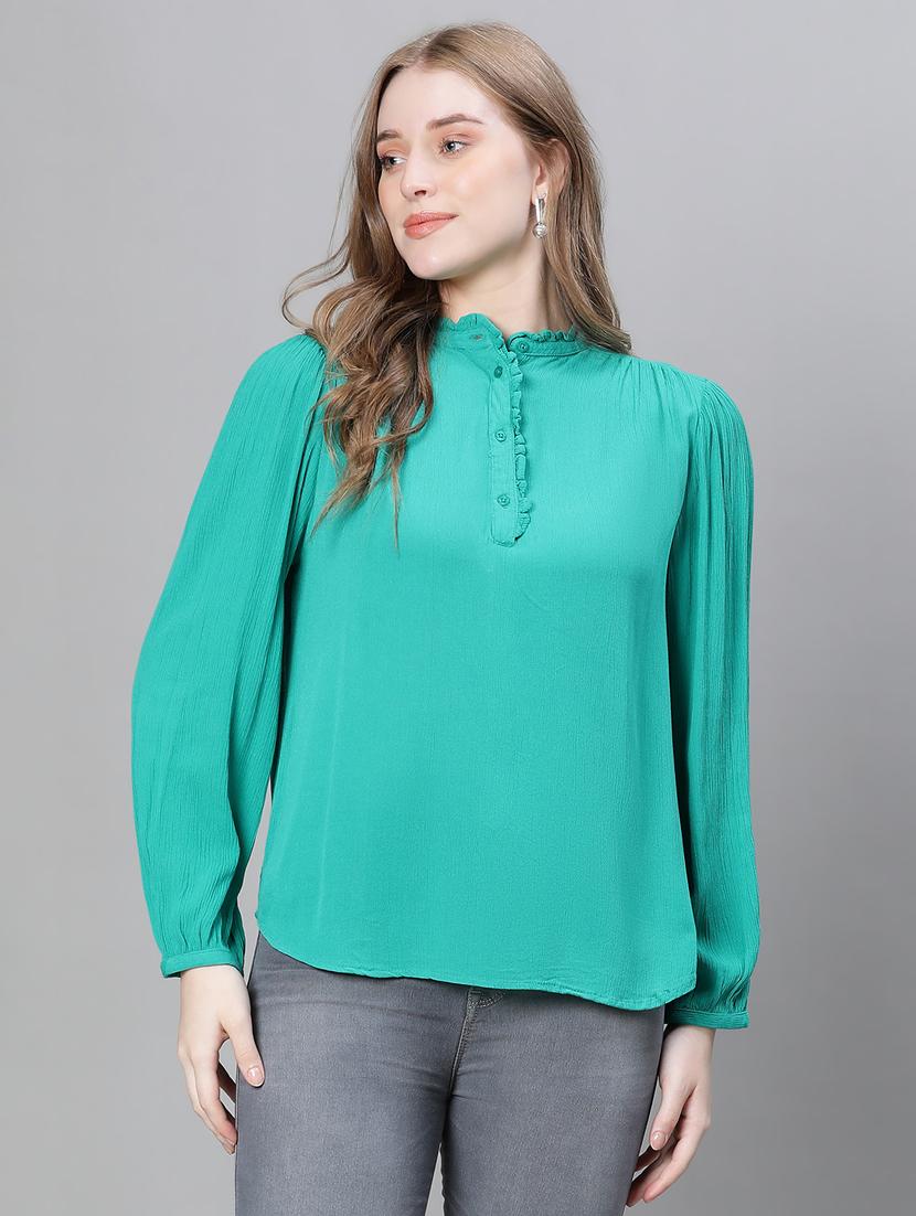 green solid mandarin neck top - 20445607 -  Zoom Image - 0