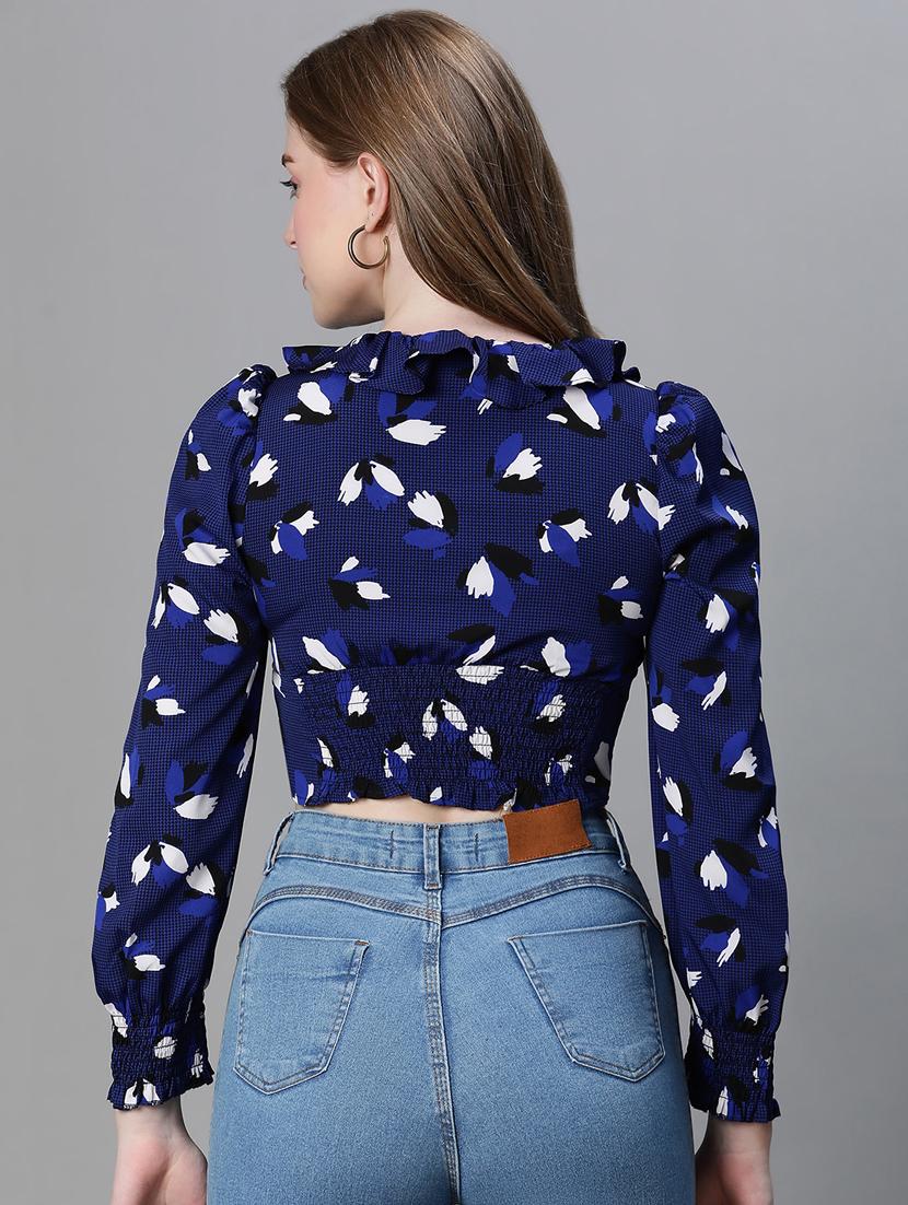 navy blue printed puff sleeves crop top - 20445613 - Standard Image - 2