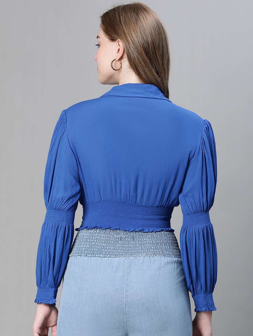 blue solid shirt collar crop top - 20445619 - Standard Image - 2