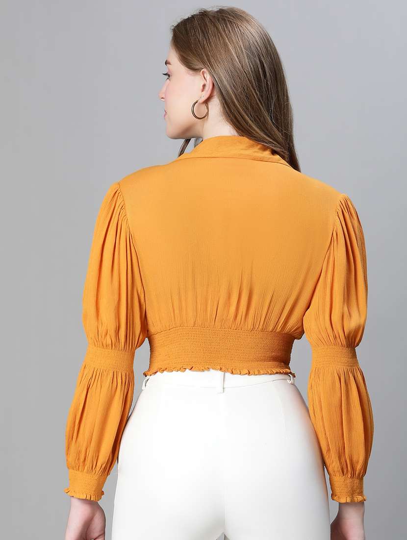 yellow solid puff sleeves shirt collar top - 20445620 - Standard Image - 2