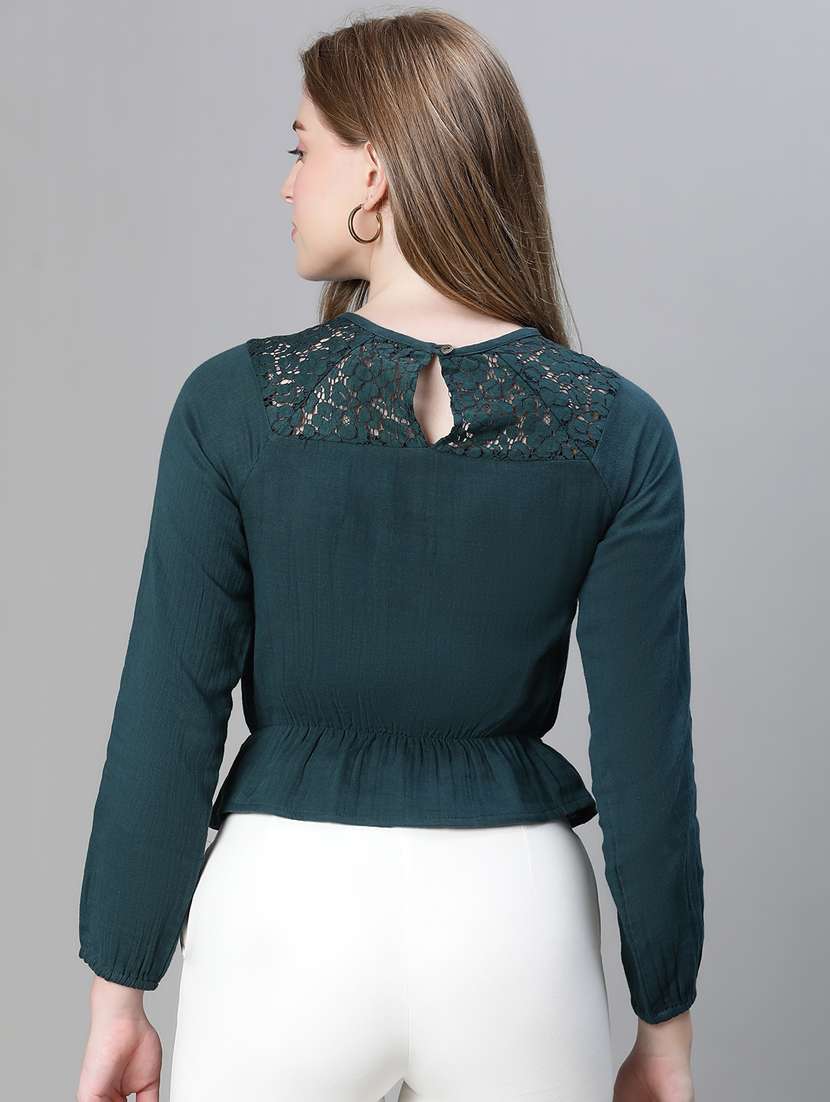 teal lace deatiled long sleeves peplum top - 20445622 -  Standard Image - 2