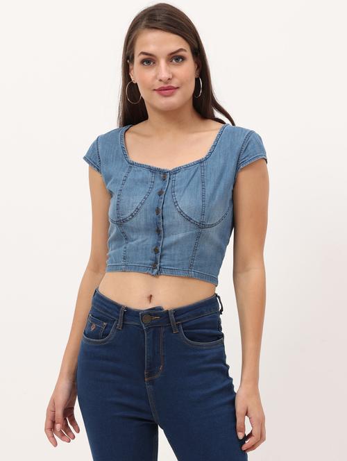 women's blue sweetheart neck crop top - 20445637 -  Standard Image - 0