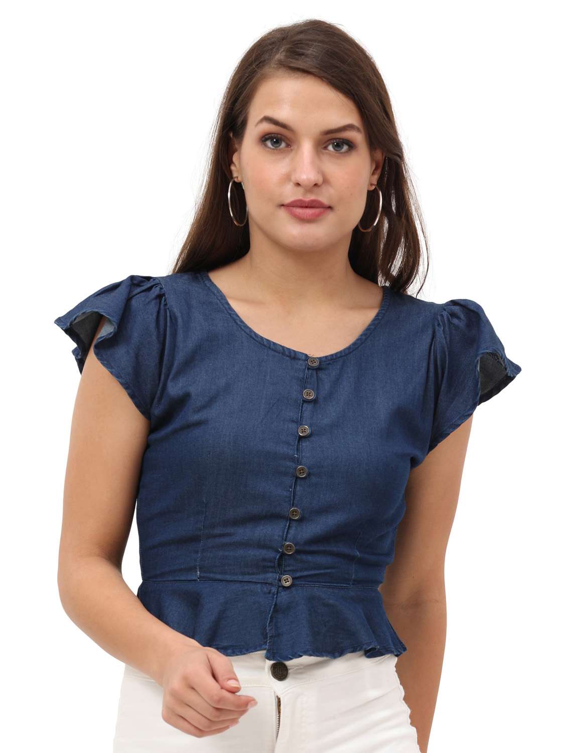 women's blue denim crop top
