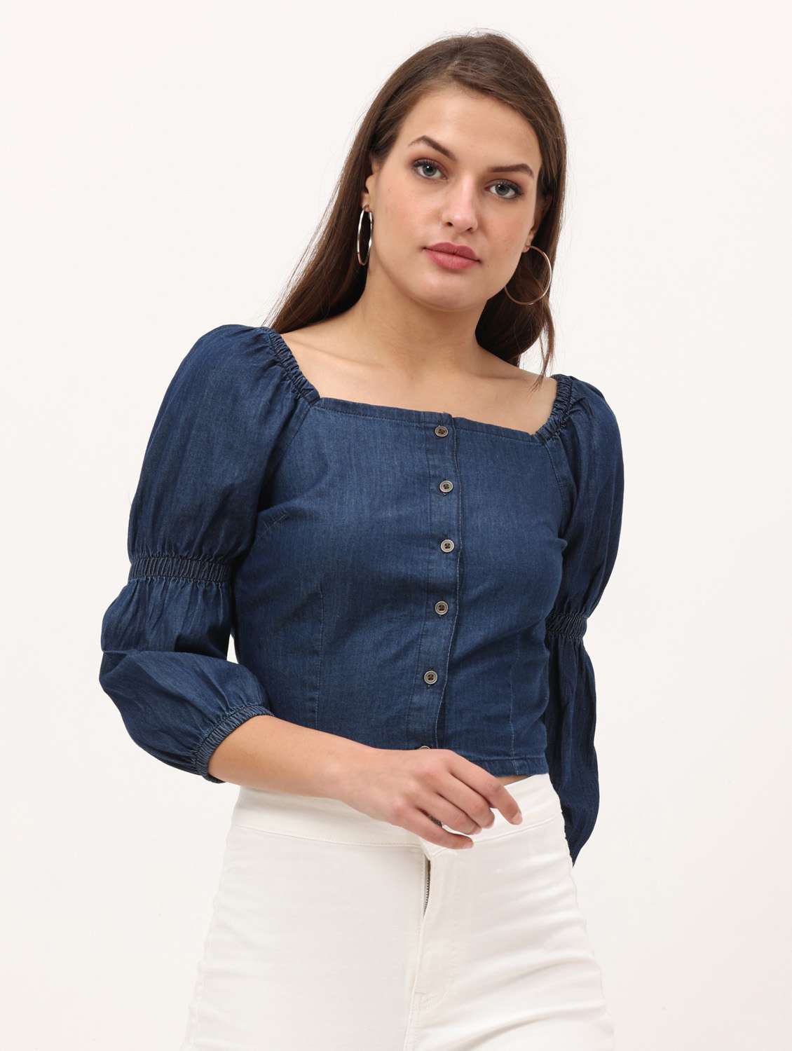 women's blue denim square neck crop top - 20445657 -  Zoom Image - 0