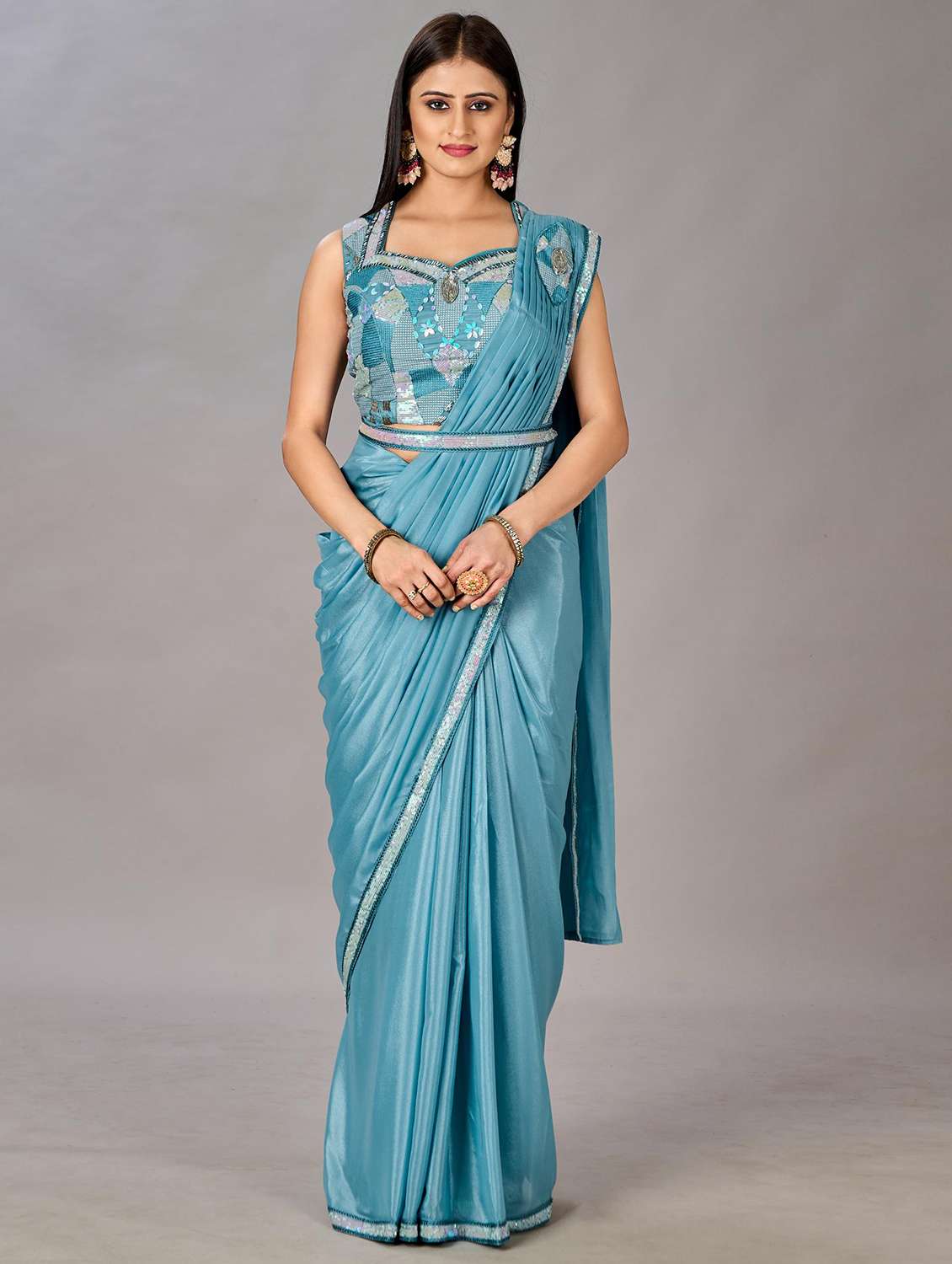 women light blue solids lace work saree with blouse
