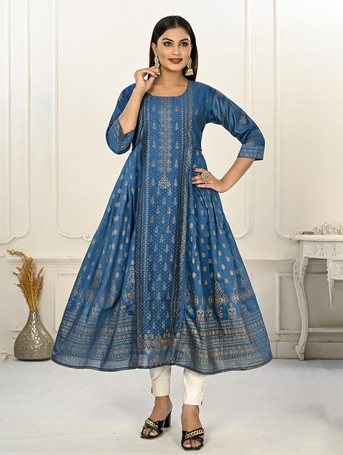 women three quarter sleeve flared kurta - 20446449 -  Standard Image - 0