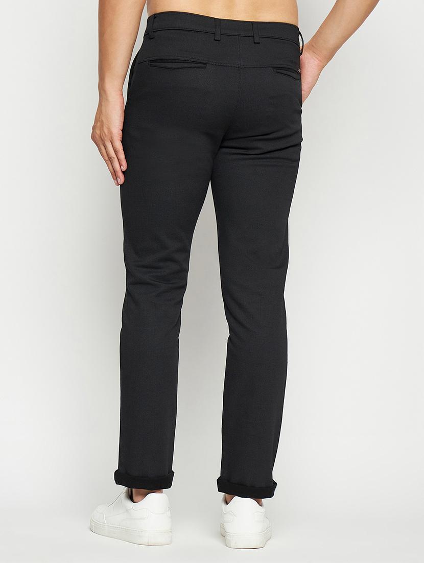 men solid black cotton flat front casual trouser - 20446910 - Standard Image - 2