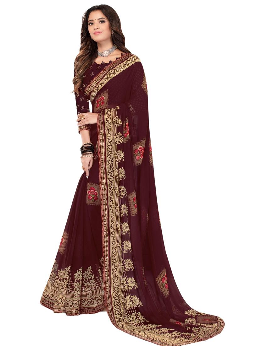 women's floral maroon colored saree with blouse - 20447698 -  Zoom Image - 0