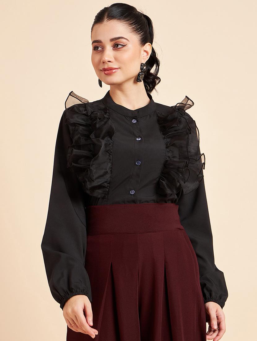 black solid ruffle detailed regular shirt - 20448548 -  Zoom Image - 0