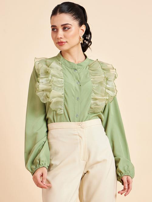 green solid ruffle detailed regular shirt - 20448549 - Standard Image - 0