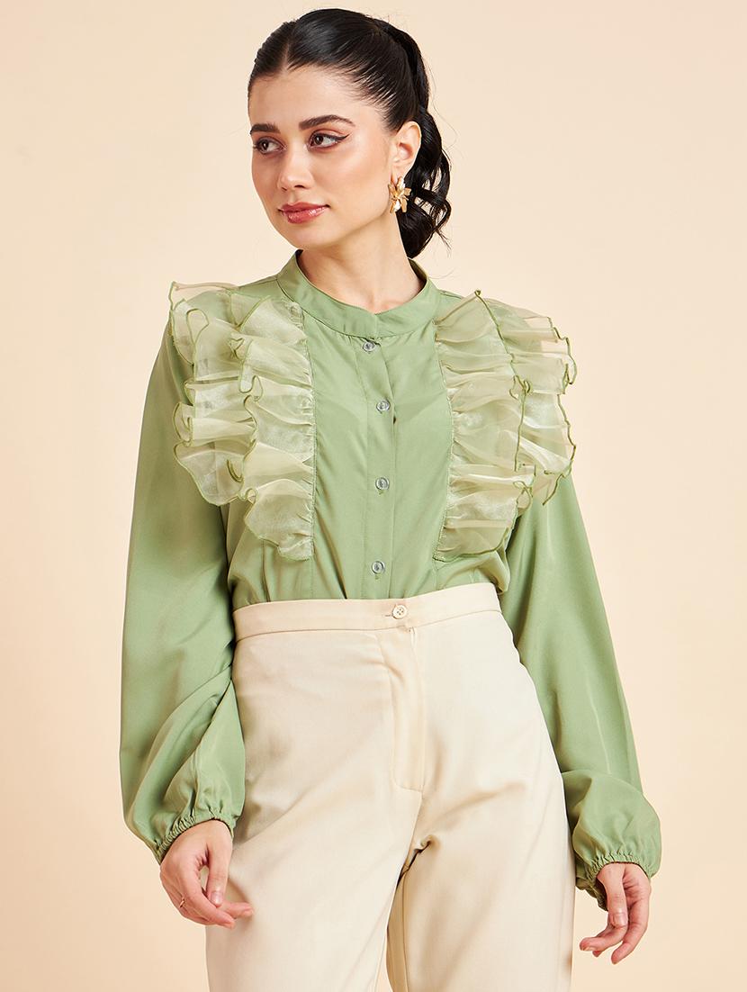 green solid ruffle detailed regular shirt - 20448549 - Zoom Image - 0