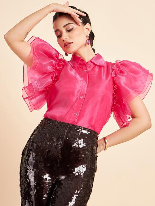 pink solid bell sleeves regular shirt - 20448550 - Standard Image - 0