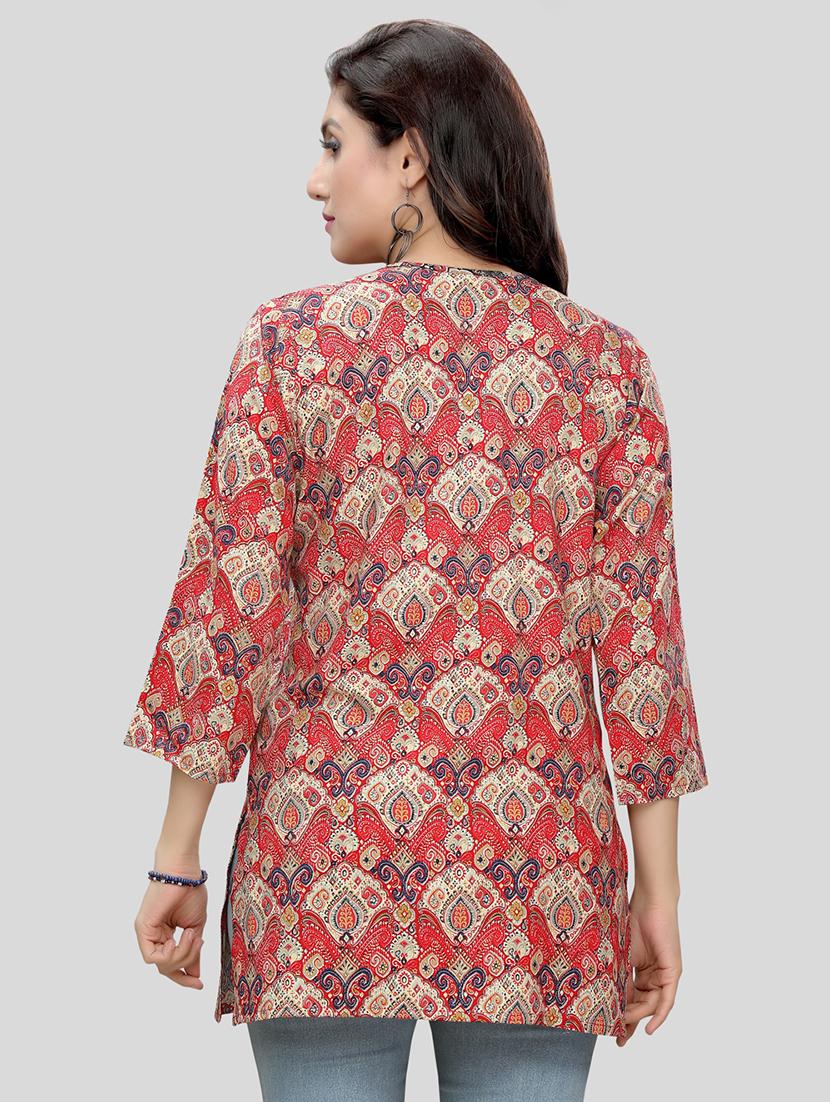 red three quarter sleeve straight kurti - 20448900 - Standard Image - 2