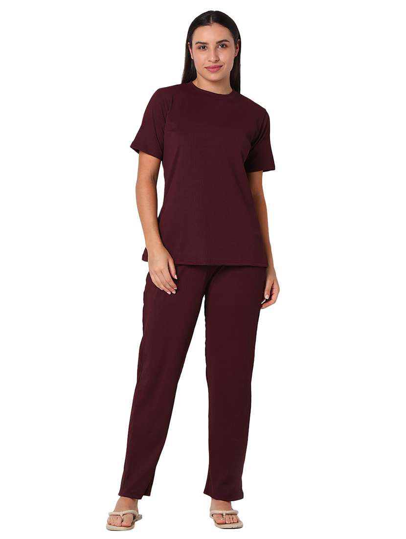burgundy solid pyjama nightwear set