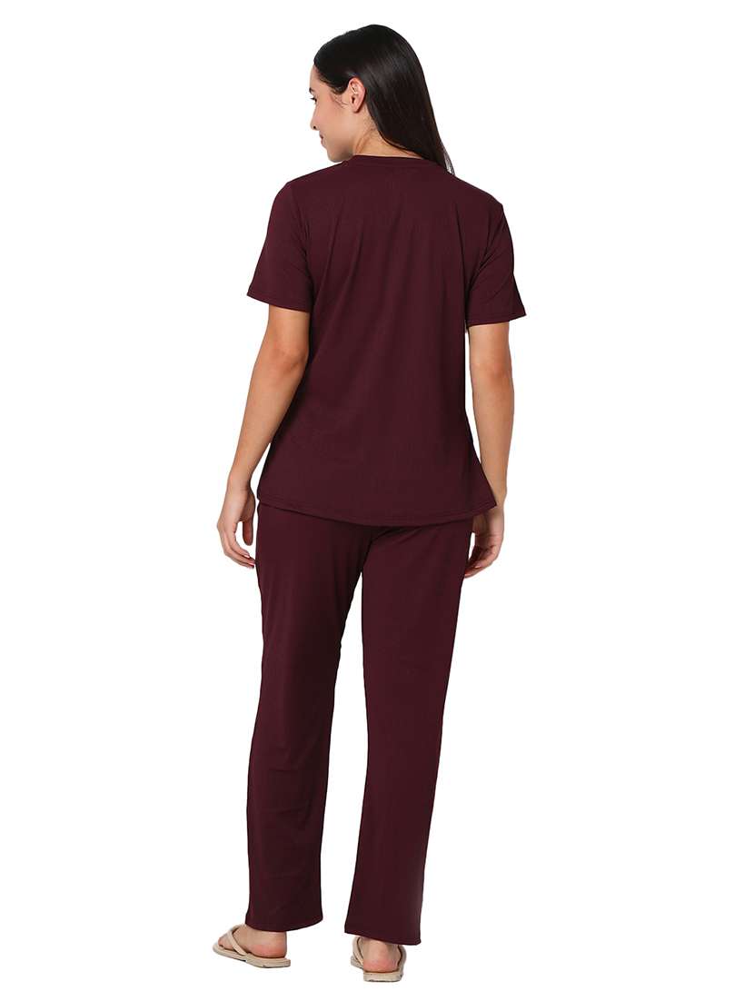 burgundy solid pyjama nightwear set - 20448951 -  Standard Image - 2