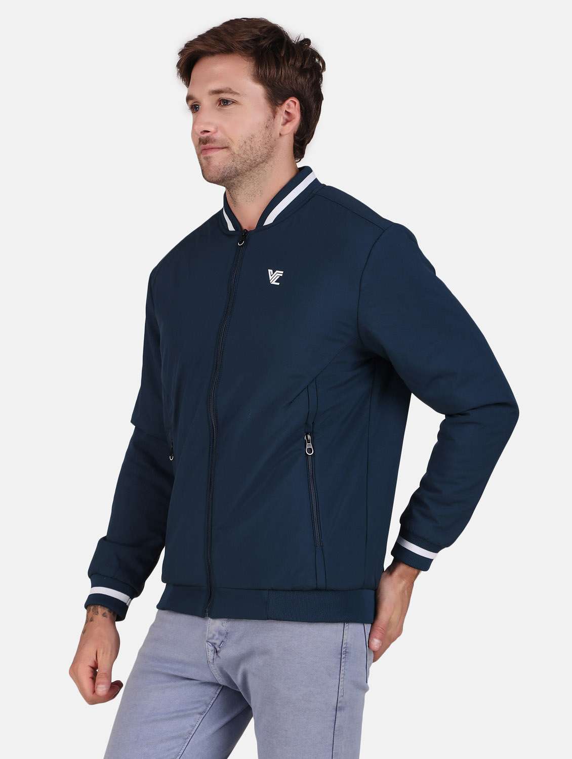men solid navy blue polyester bomber jacket - 20449014 -  Standard Image - 2