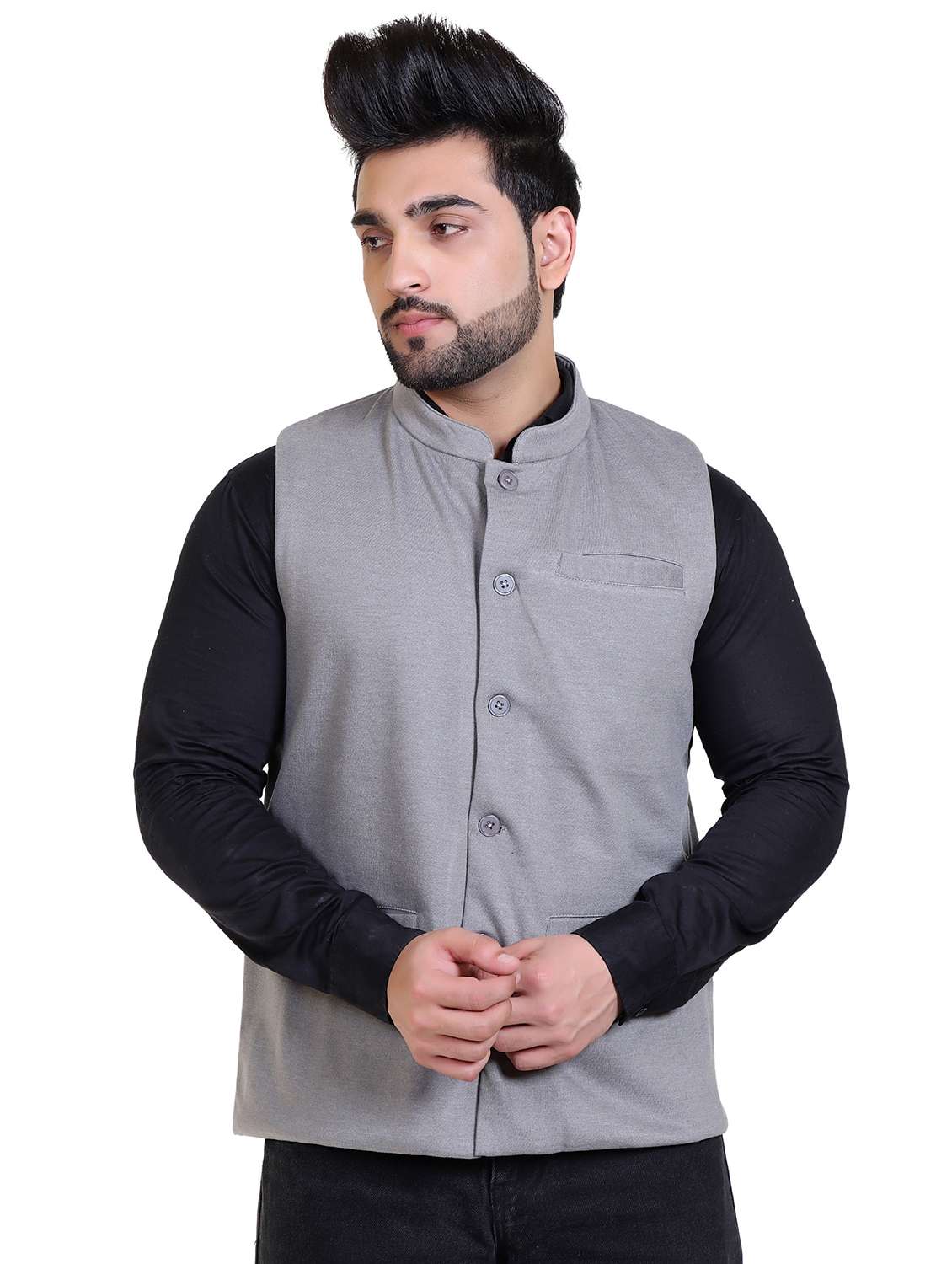 men solid grey cotton nehru jacket