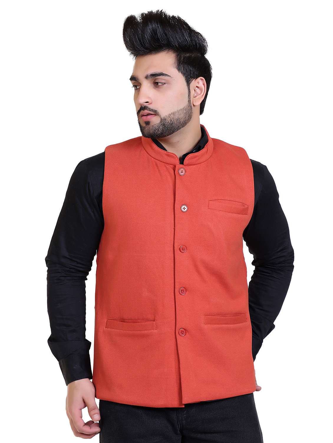 men solid orange cotton nehru jacket