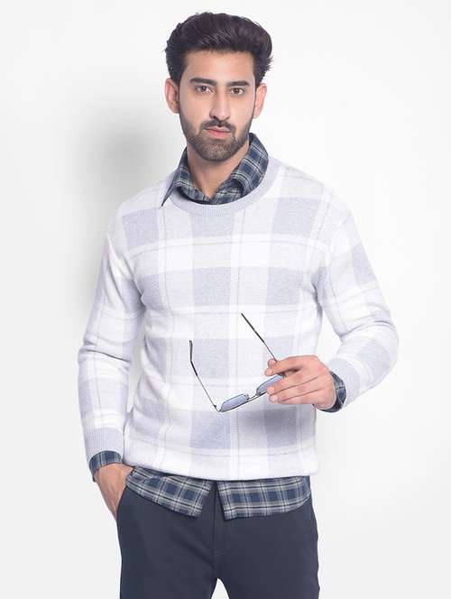 men checkered white cotton pullover - 20449327 -  Standard Image - 0