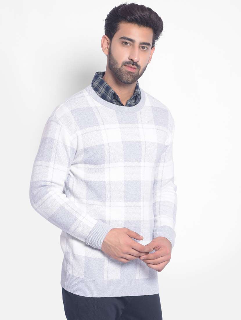 men checkered white cotton pullover - 20449327 -  Standard Image - 2