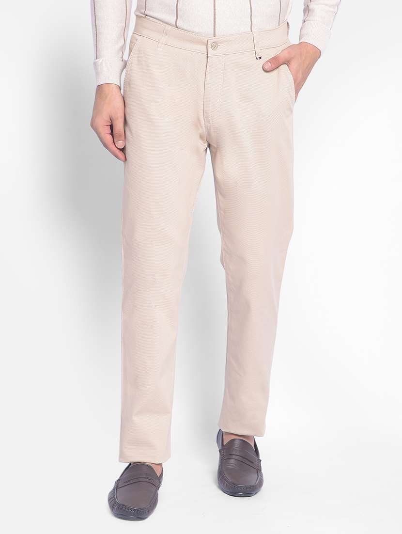 men's beige flat front casual trousers