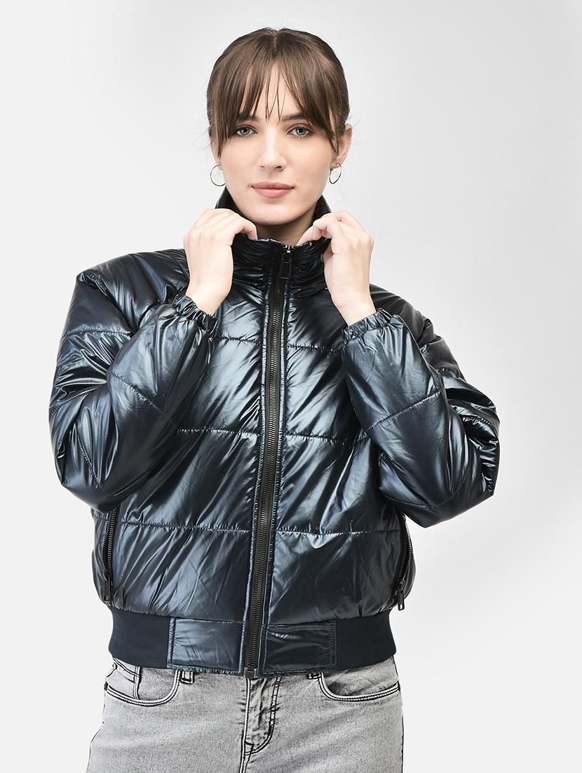 women navy blue polyester bomber jacket
