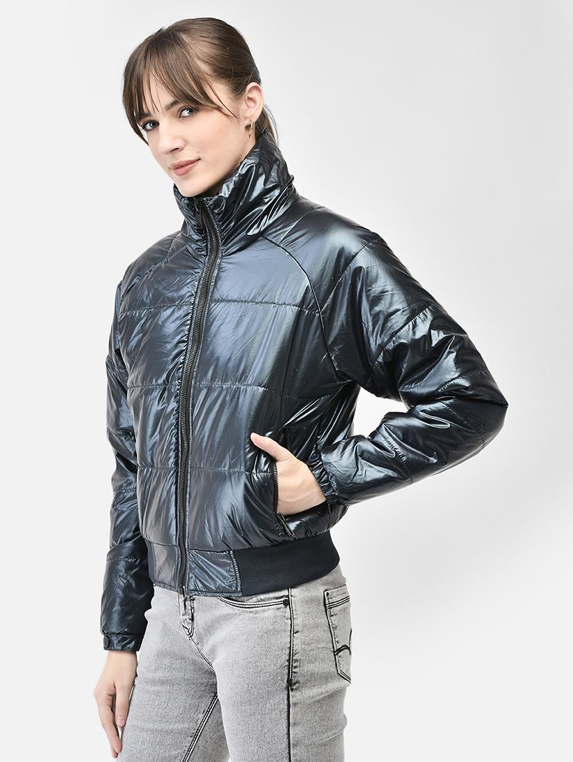 women navy blue polyester bomber jacket - 20449372 - Standard Image - 2