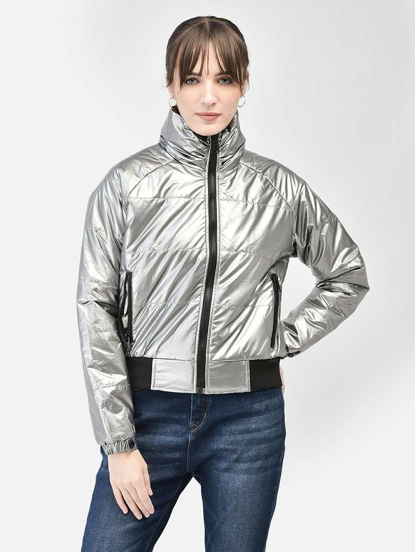 women silver grey polyester bomber/biker jacket