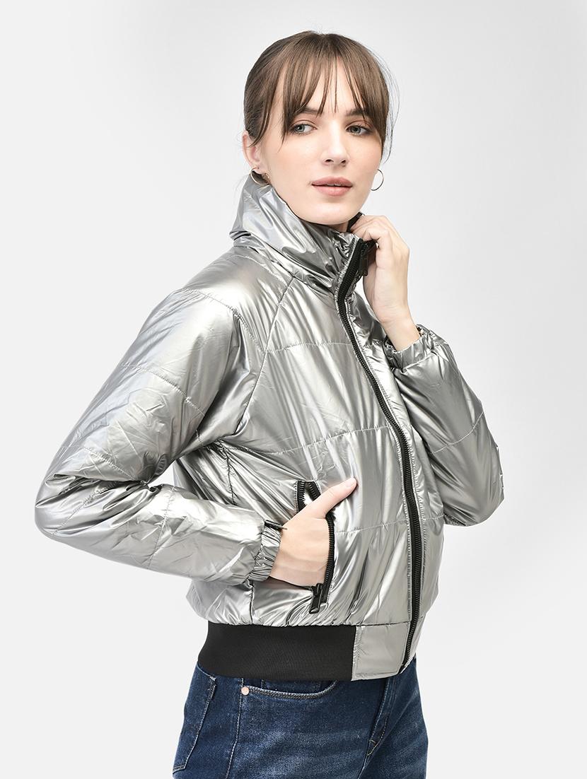 women silver grey polyester bomber/biker jacket - 20449373 - Standard Image - 2