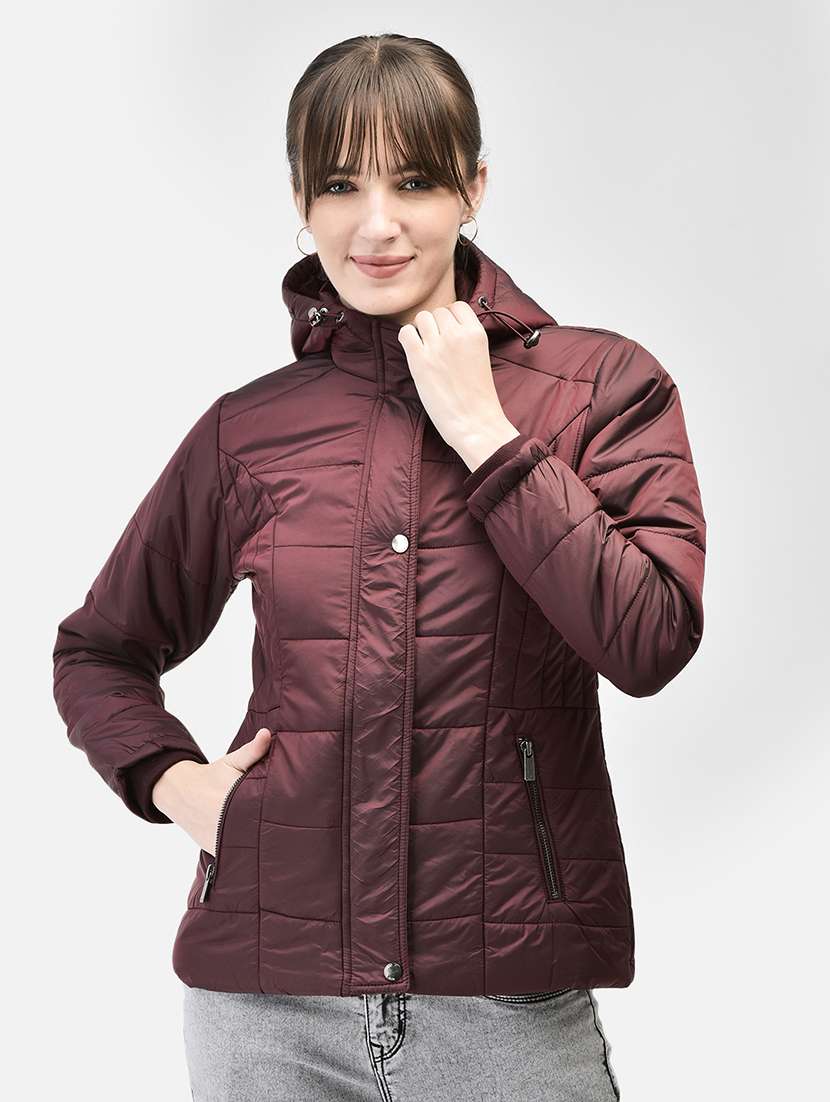 women wine nylon quilted & padded jacket