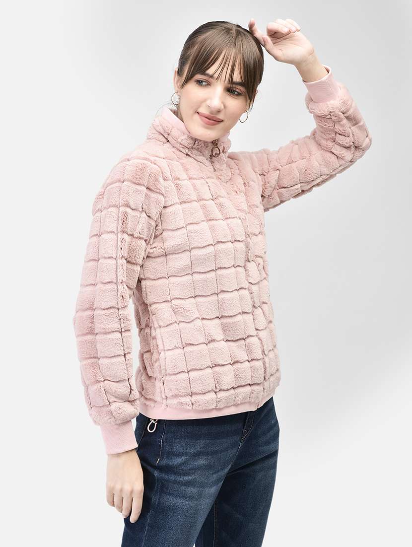 women pink polyester fur jacket 