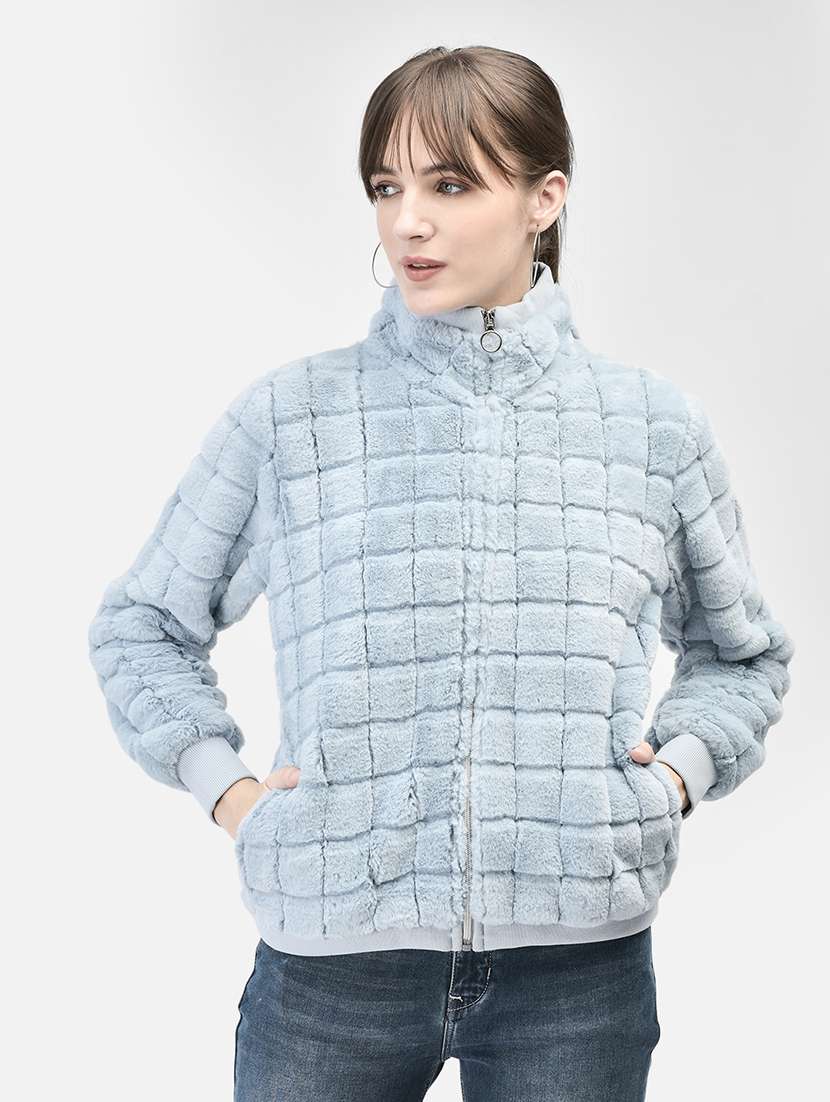 women blue polyester fur jacket