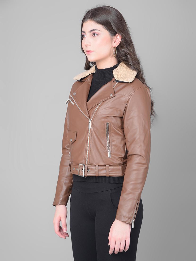 women brown poly blend regular jacket - 20449387 - Standard Image - 2