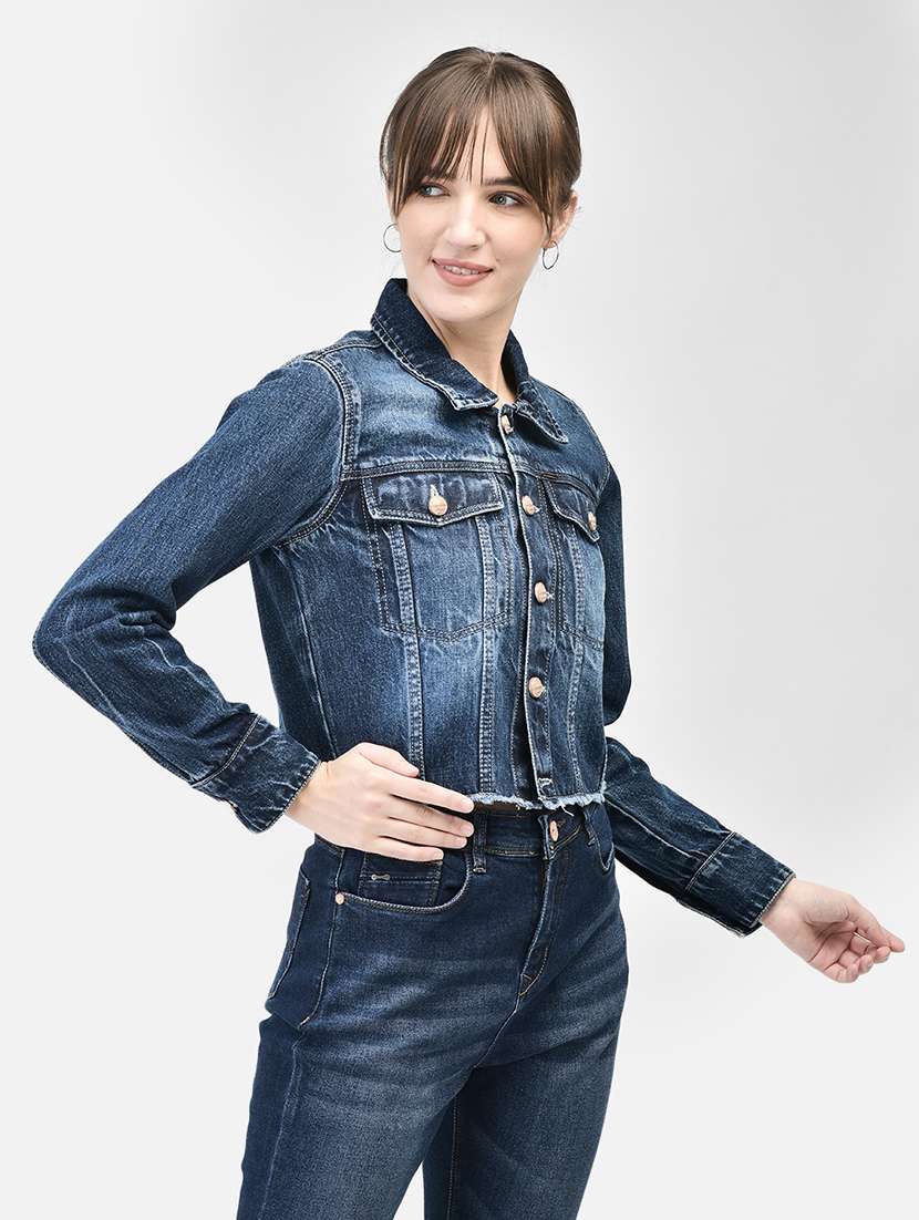 women blue cotton blend denim jacket