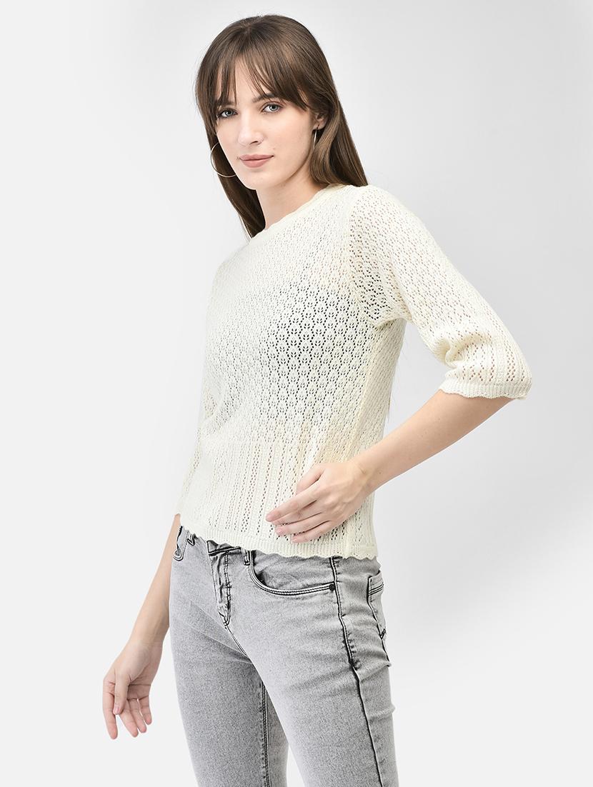 women self designed beige schiffli acrylic pullover - 20449421 - Standard Image - 2