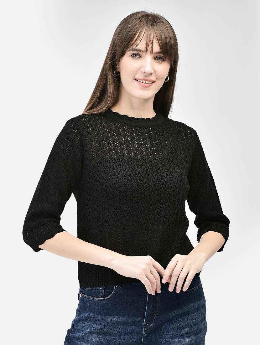 women self designed black schiffli acrylic pullover