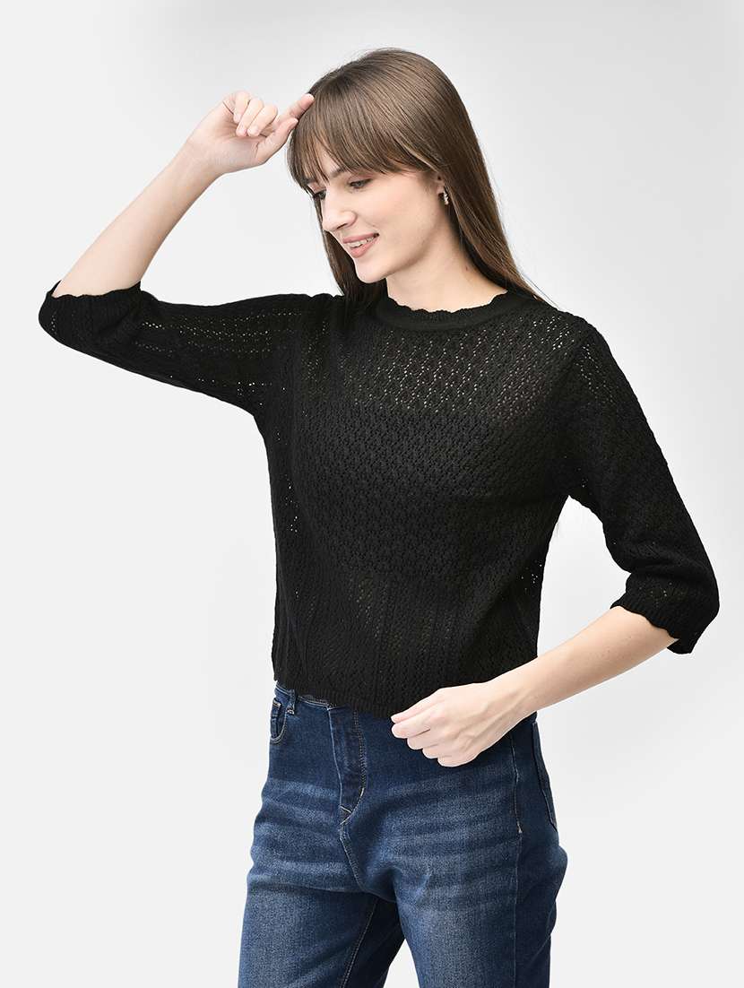 women self designed black schiffli acrylic pullover - 20449422 -  Standard Image - 2