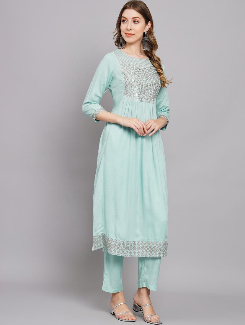 light blue three quarter sleeve kurta dupatta set - 20449692 - Standard Image - 2