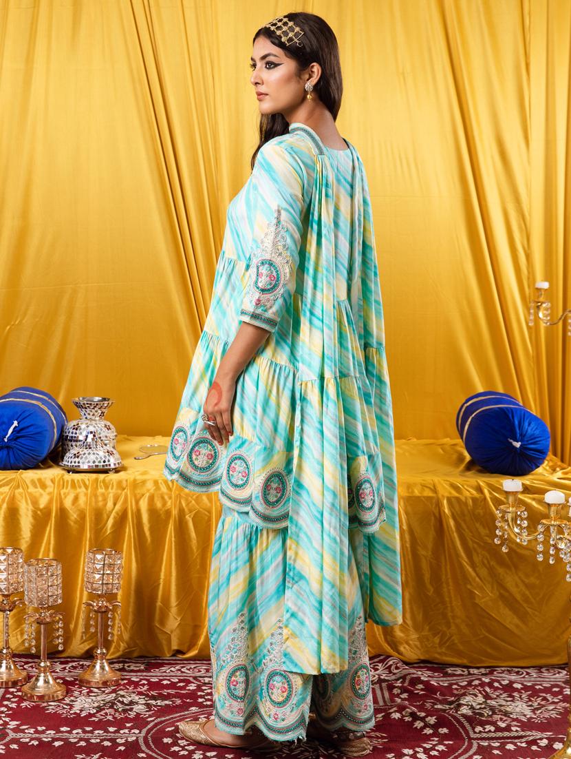 women blue round neck kurta sharara set with dupatta - 20449704 - Standard Image - 2