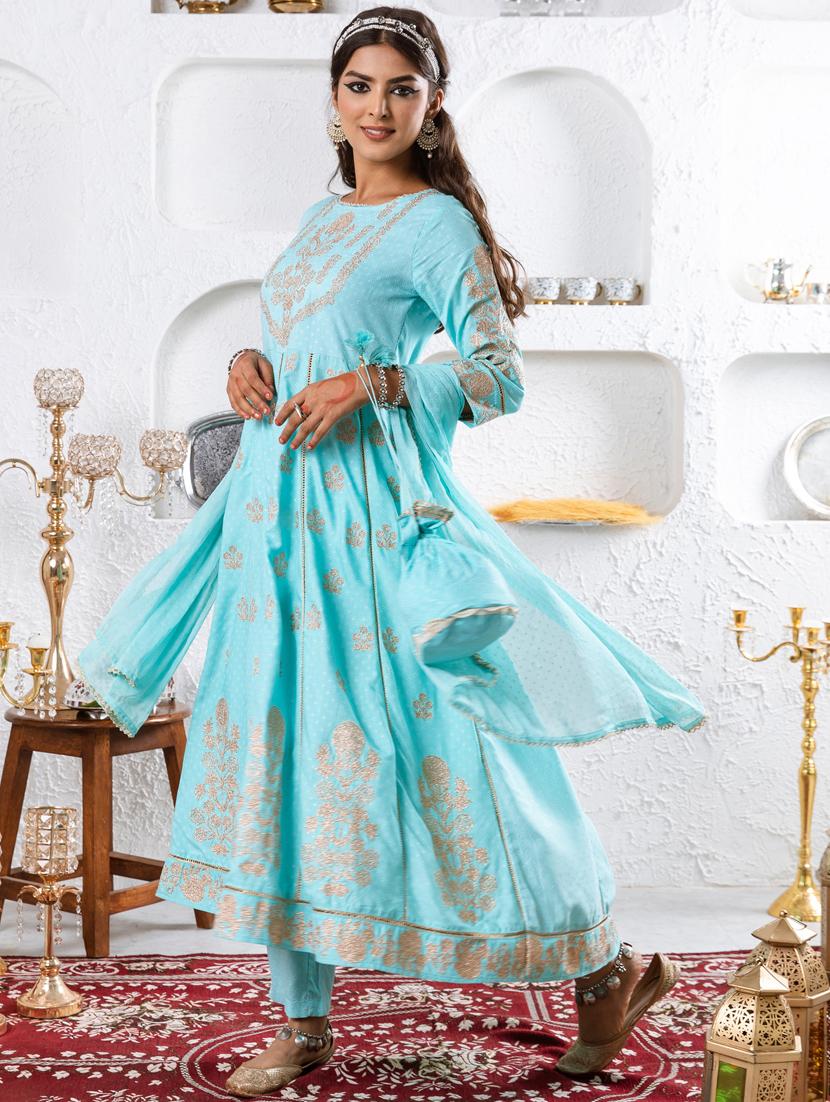light blue zari embroidered suit set - 20449707 - Standard Image - 2